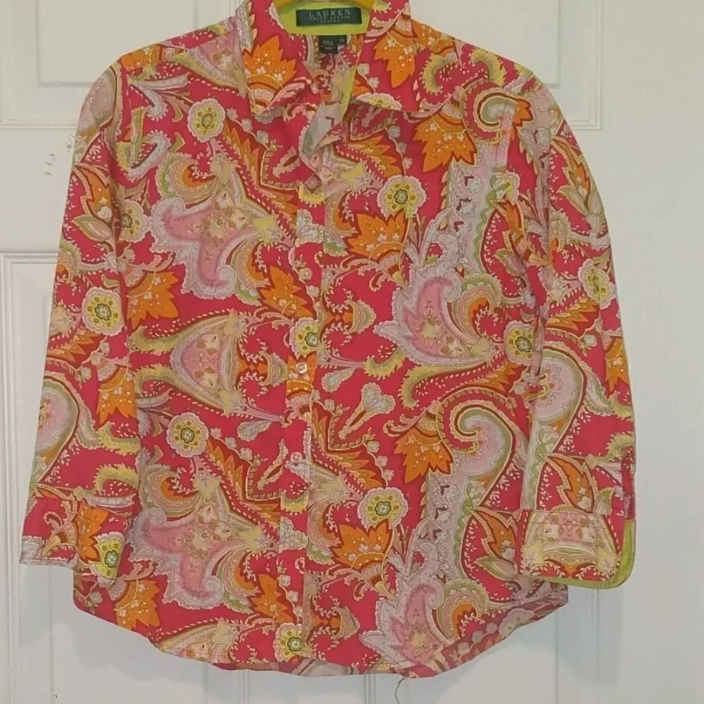 Lauren Ralphย Lauren print button down shirtโSz PS